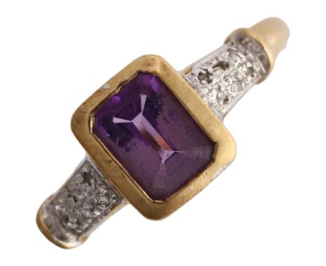 A modern 9ct gold amethyst and diamond dress ring, setting height 8.6mm, size Q, 2.4gNo damage or repairs, 1 diamond missing,