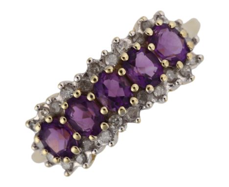 A modern 9ct gold amethyst and diamond cluster half hoop ring, set with oval mixed-cut amethyst and single-cut diamonds, sett