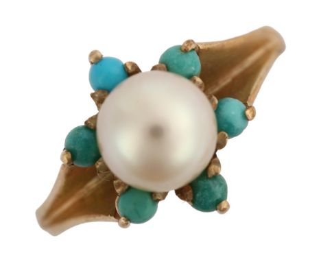 A late 20th century 9ct gold cultured pearl and turquoise cluster ring, setting height 12.7mm, size N, 3.2gNo damage or repai