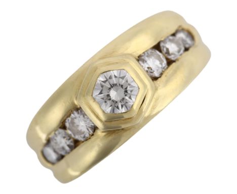 An 18ct gold 0.3ct solitaire diamond ring, set with modern round brilliant-cut diamond and channel set diamond shoulders, tot