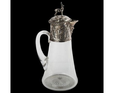 A Victorian silver-mounted glass Claret jug, with relief embossed decoration, stag finial and later glass body, by John Wilmi