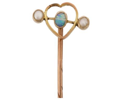 An Edwardian 9ct gold black opal and pearl heart stickpin, heart height 8.7mm, overall length 5.5cm, 1.1gNo damage, all stone