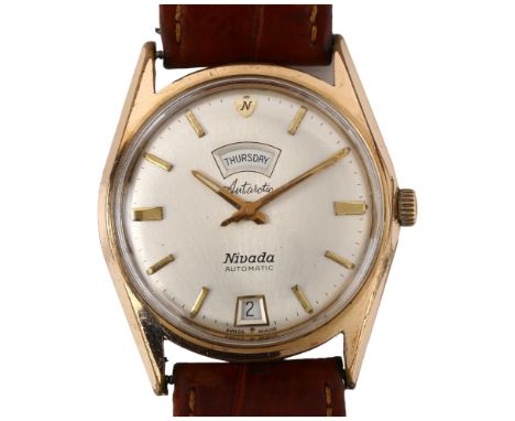 NIVADA - a gold plated stainless steel Antarctic automatic calendar wristwatch, ref. 1484M2407, circa 1960s, silvered dial wi