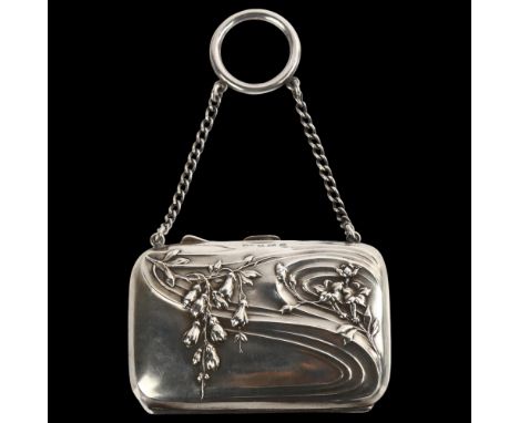 An Art Nouveau George V lady's silver purse, with relief embossed floral decoration and ring suspender, by G E Walton & Co Lt