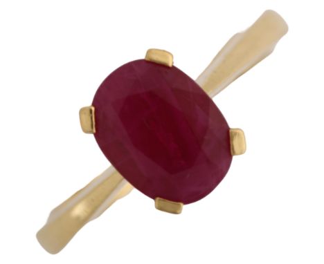 An 18ct gold solitaire ruby ring, set with oval mixed-cut ruby, setting height 8mm, size I, 3.3gNo damage or repairs, ruby ha