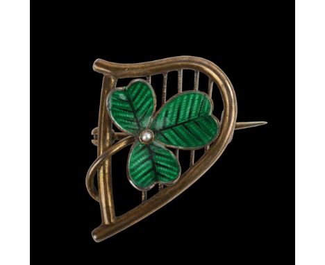 An Irish Celtic pearl and enamel shamrock and harp brooch, unmarked gilt-metal settings, brooch height 24.1mm, 4.4gNo damage 
