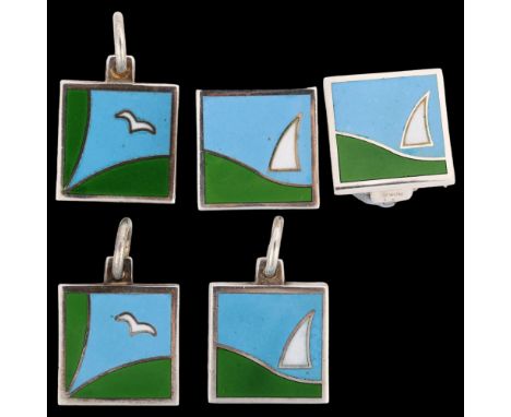 CARL M COHR - a set of Danish sterling silver and enamel sailing jewellery, comprising 3 x pendants and 1 x pair of clip-on e