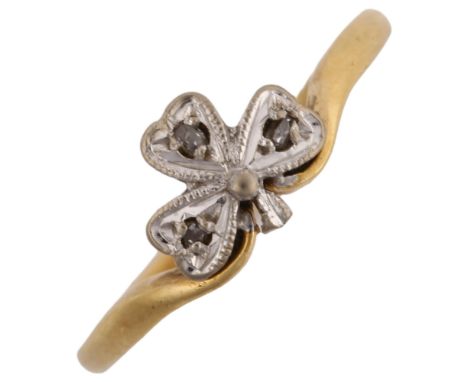 An early 20th century 18ct gold diamond shamrock ring, set with rose-cut diamonds, setting height 6.6mm, size M, 2.2gNo damag