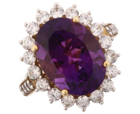 A large modern 9ct gold amethyst and white sapphire cluster ring, setting height 22.5mm, size Q, 6.8gNo damage or repairs, al