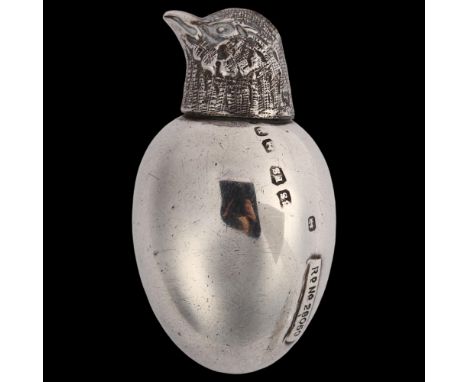 A Victorian novelty miniature silver chick and egg scent bottle, by Cornelius Desormeaux Saunders & James Shepherd, hallmarks