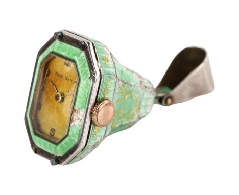 IDEAL WATCH - an early 20th century silver and green enamel mechanical pendant timepiece, silvered dial with gilt Arabic nume