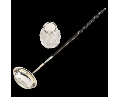 An Antique silver and twisted whale baleen toddy ladle, and a silver-mounted glass inkwell (2)Glass has several small edge ni