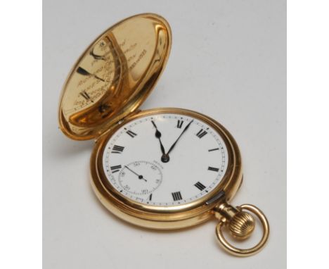 An 18ct gold hunter pocket watch, the enamel dial inscribed Zenith, with Roman numerals, subsidiary seconds dial with Arabic 