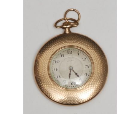 A 9ct gold Rolex half hunter pocket watch in Art Deco style, the small silvered engine turned dial inscribed 'Rolex', Arabic 