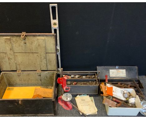 Tools - wooden and other tool boxes containing imperial socket set;  tapes and dies,  spanners, saws, spot lamp;  automobilia