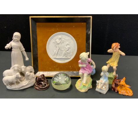 Ceramics - Royal Worcester figure March;  others Katie, etc;  Royal Copenhagen blanc de chime wall plaque;  glass paperweight