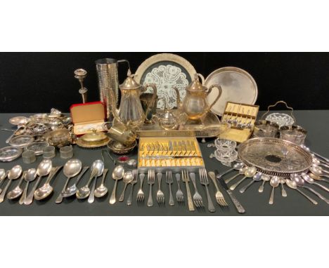 A silver plated four piece tea set;  set of six Elephant name place card holders;  six dog knife rests;  trays;  flatware etc