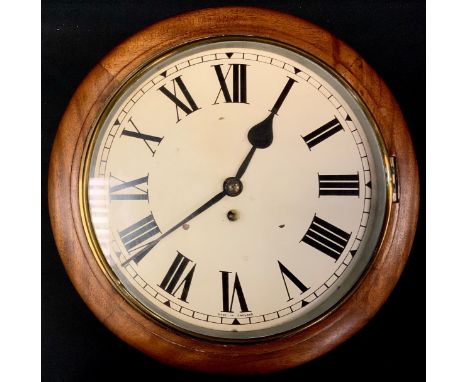 A early 20th century mahogany cased School clock, cream dial marked Made in England, bold Roman numerals, fusee movement, 38c