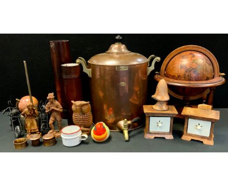 A Tala copper 4 gallon samovar, 45cm high;  a globe;  bamboo spill vases;  wirework motorbikes;  etc 