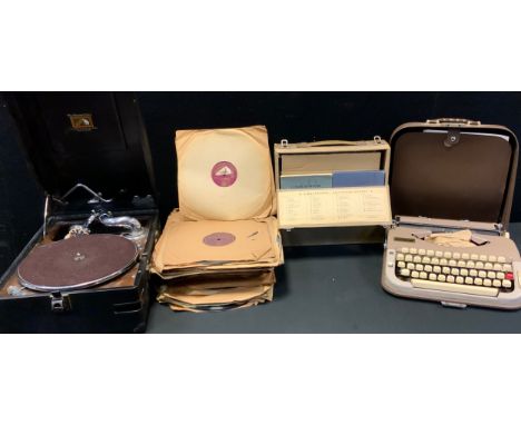 A HMV portable wind up No 5B gramophone, black case;  shellac records;  Scheidegger Princess-matic typewriter;  linguaphone e