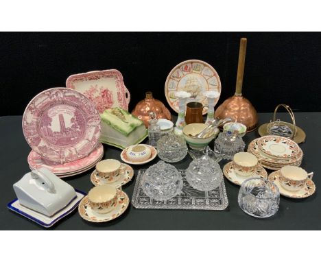 Ceramics &amp; Glass - Gilmour's advertising ashtray;  plates, part tea set,  continental dressing table set,  glass bowls, p