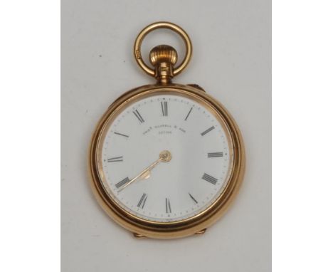An 18ct gold open face fob watch, the enamel dial with Roman numerals, inscribed 'THOMAS RUSSELL &amp; SON, 107914', the move