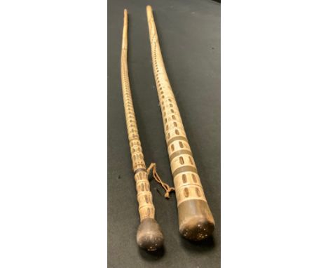 A 19th century graduated vertebrae walking stick, slightly domed horn pommel, 86cm long;  another smaller 82cm long (2) 