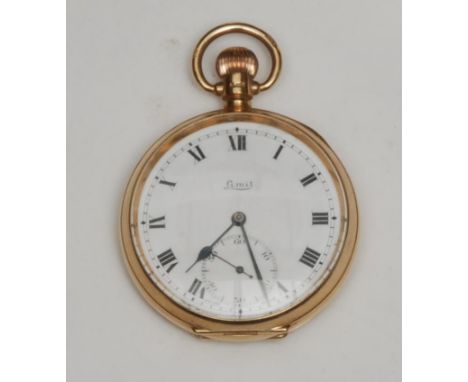 A 9ct gold open face pocket watch, the white enamel dial inscribed 'Limit', Roman numerals, subsidiary seconds dial with Arab