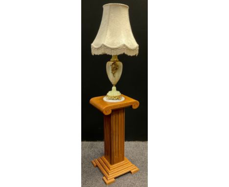 Interior design - A Green onyx baluster form lamp with rococo style decoration, 74cm tall with shade;  a walnut columnar form