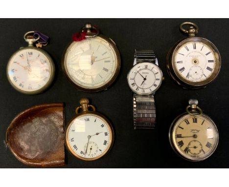 A Victorian silver cased open face pocket watch, Birmingham 1899;  another continental 935 silver;  others gold plated;  Serv