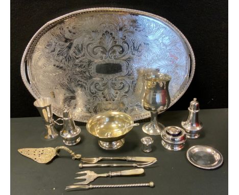An EPNS  oval two handled gallery tray, die stamped, pierced sides, 46cm wide;  salt and pepper pot, goblets;  toasting fork;