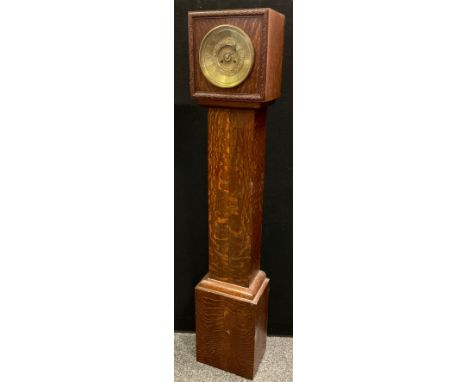 A mid 20th century oak small longcase clock, brass dial with Roman numerals, twin winding holes, 132.5cm tall. 