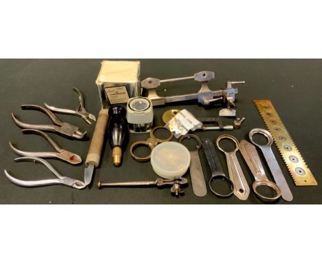 Horological Tools &amp; Spare parts - a watch makers lathe pivot tool/polisher clamp;  watch case spanners/openers, Geneva's 