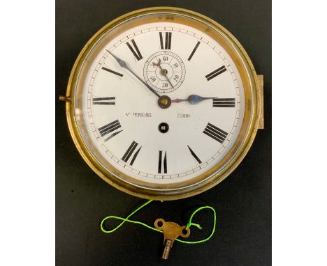A William Jenkins of Dumbarton ships bulkhead/wall clock, white enamel dial, bold Roman numerals, chain driven fusee movement