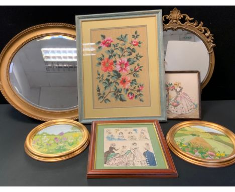 A gilt oval mirror, 60cm x 49cm;  another, circular;  needlework pictures;  Ladies of Fashion print 