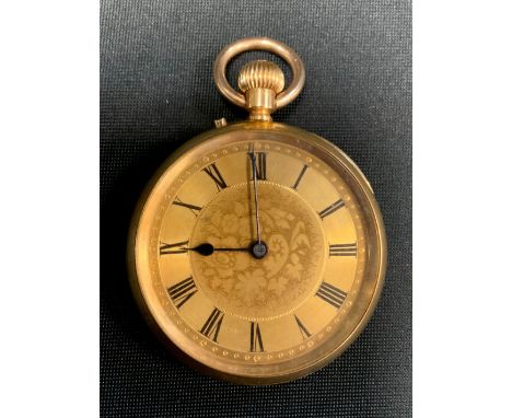A Victorian 18ct gold cased open face pocket watch,  retailed by John Bennett, S5 &amp; B4 Cheapside London, gilt floral dial
