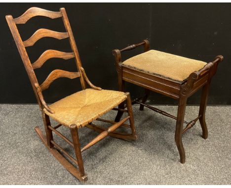 A Country ladder back rocking chair, wicker seat, c.1890;  a music stool, hinged seat, c.1890 (2) 