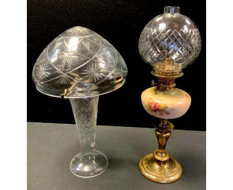 A 20th century cut glass mushroom table lamp, 56cm high;  a Victorian oil lamp, later cut glass shade, 63cm high (2) 