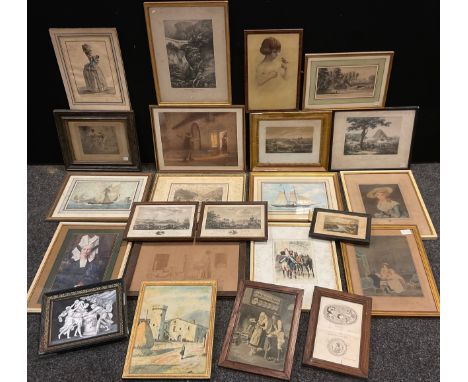Pictures and prints - a 19th century French enamel plaque, classical subject;  19th and early 20th century prints and engravi