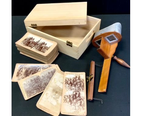 A stereoscope viewer, aluminium and wooden holder, cards inc Griffiths &amp; Griffiths, Graves, etc images include, The Ferry