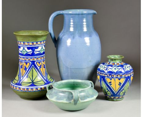 Two Hanley Design Vases and Two Pieces of Upchurch Pottery, 20th Century, the Hanley vases by James Plant &amp; Son, decorate