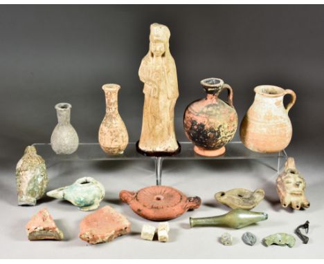 A Collection of Antiquities and Interesting Objects, including - a Roman glass flask, circa 1st/4th century AD, of light gree