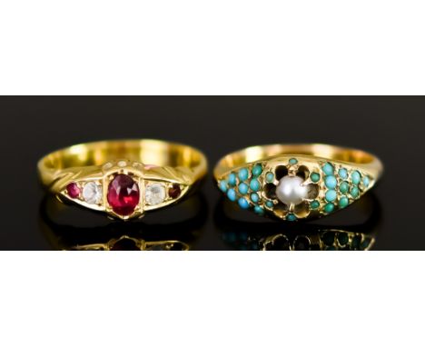 Two Gem Set Rings, 20th Century, comprising - one 18ct gold set with three red stones and two white stones, size R+, and one 
