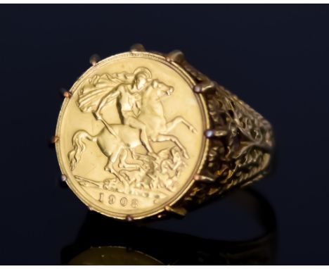 A 9ct Gold Ring, set with a half sovereign 1908, size R, gross weight 8.2g