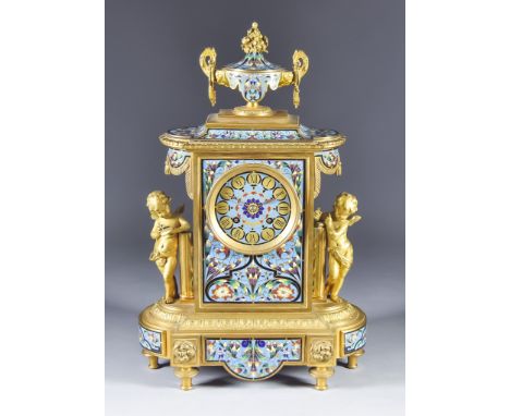 A 19th Century French Ormolu and Champleve Mantle Clock by Japys Freres, No. 6106, the 3.25ins diameter dial with Roman numer