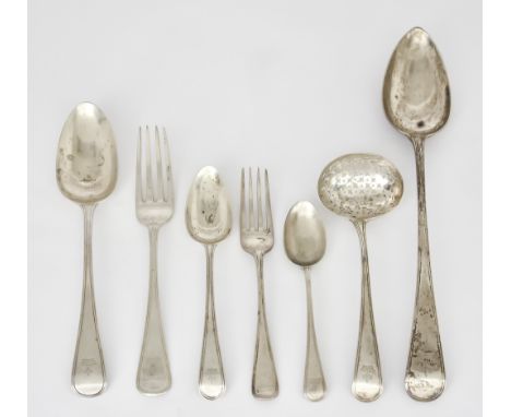A Georgian and Victorian Harlequin Silver Thread Pattern Part Table Service various makers and dates, all crested, comprising