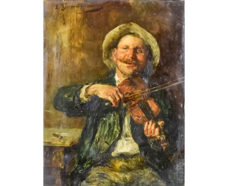 Ernst Karl Georg Zimmerman (1852-1902) - Two oil paintings - Seated half-length portrait of a man playing a fiddle, and a man