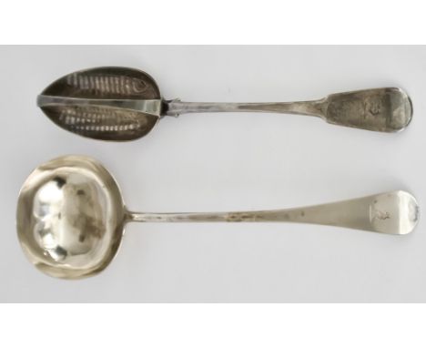 A George III Silver Old English Pattern Soup Ladle and a William IV Silver Fiddle Pattern Gravy Spoon, the soup ladle by Solo