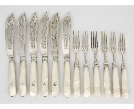 Six Victorian Silver and Mother of Pearl Handled Fish Knives and Six Fruit Forks and Mixed Silverware, the fish knives by Fra