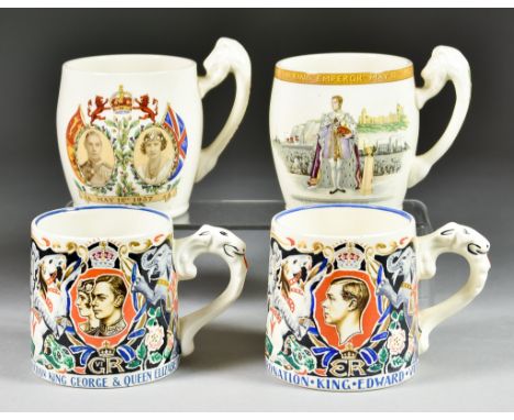 Two Burleigh Ware Pottery Coronation Mugs, designed by Dame Laura Knight, commemorating the coronations of Edward VIII and Ge